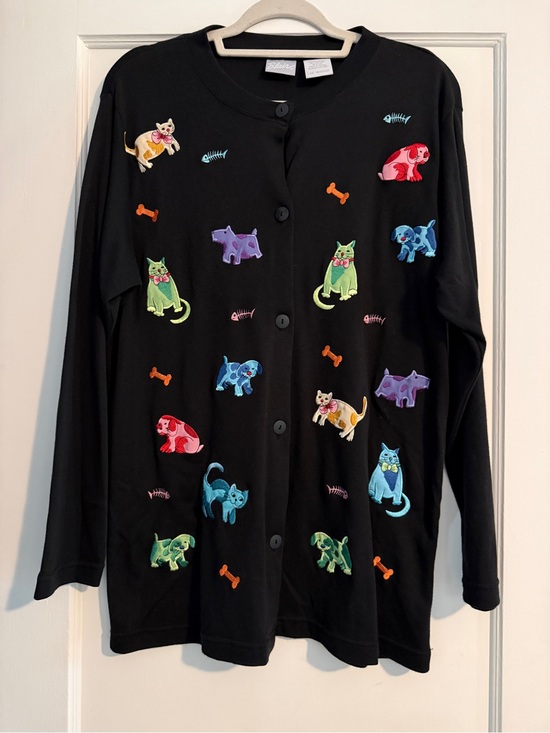 Blair Sweaters - Blair Colorful Cat Dog Print Black Long Button Down Cardigan Large
